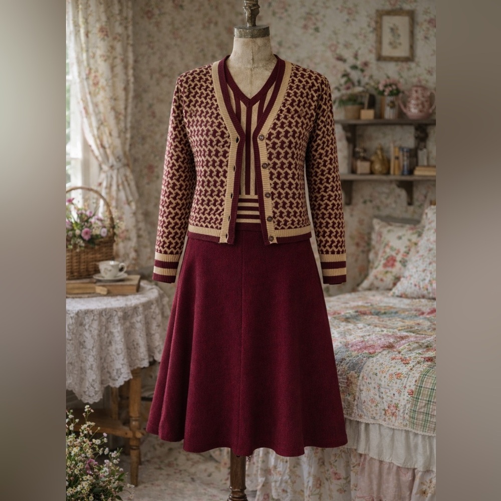 Vintage Late 1970s St.Michael Orlon Acrylic Three Piece Vest, Cardigan & Skirt